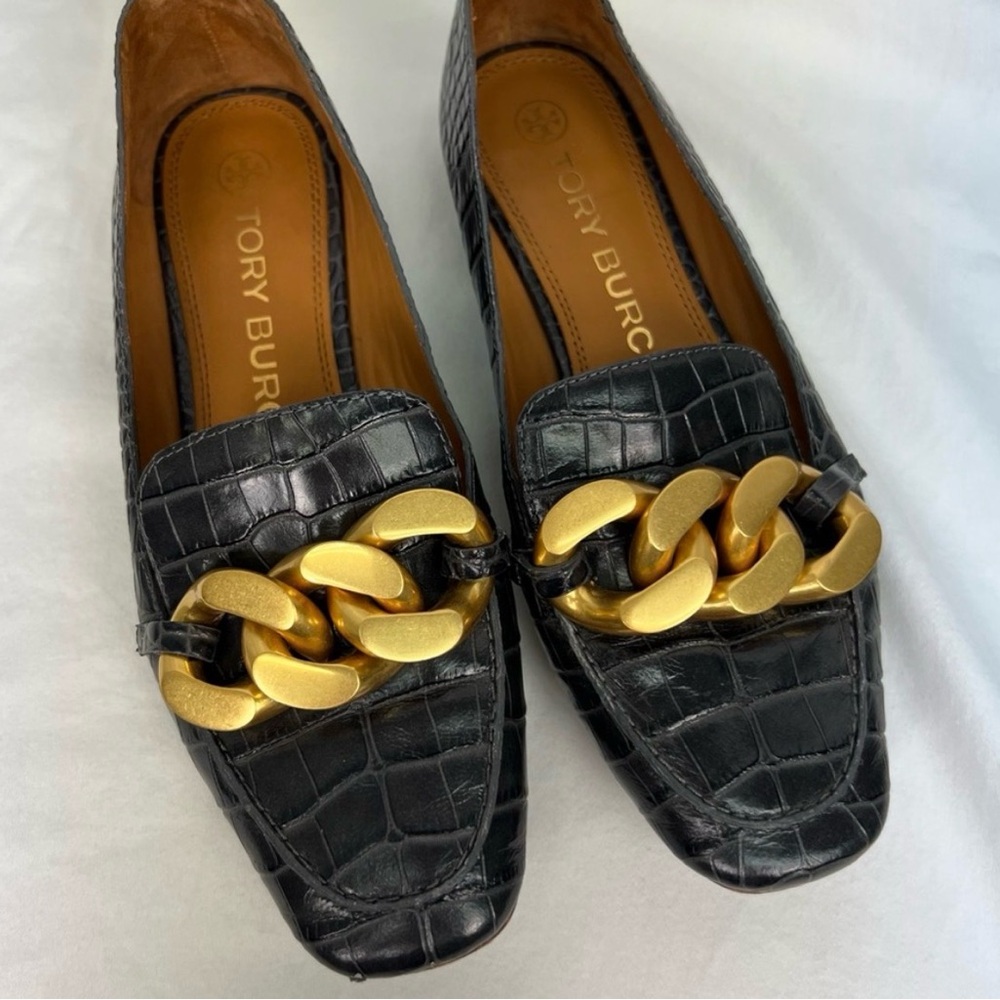 Tory Burch Black Croc Loafers with Gold Chain Accent